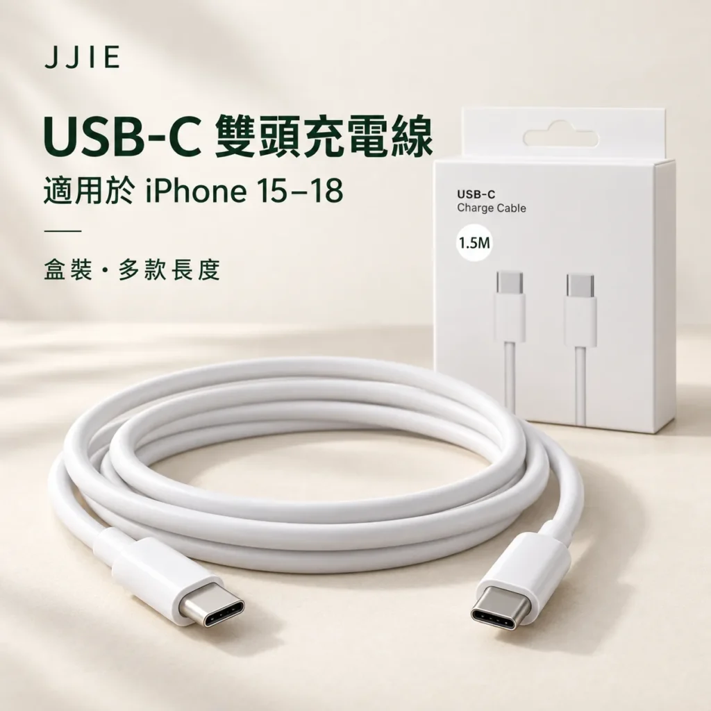 白色 USB-C 雙頭充電線及英文盒裝，適用於 iPhone 15–18