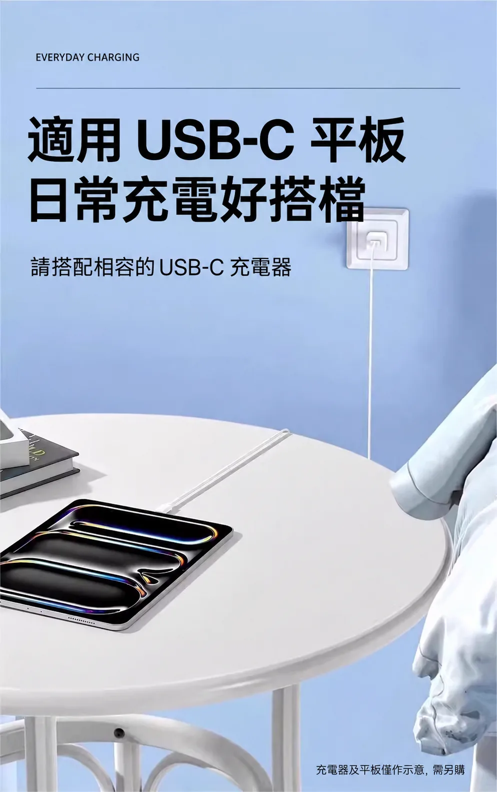 USB-C 平板充電情境；充電器及平板僅作示意，需另購