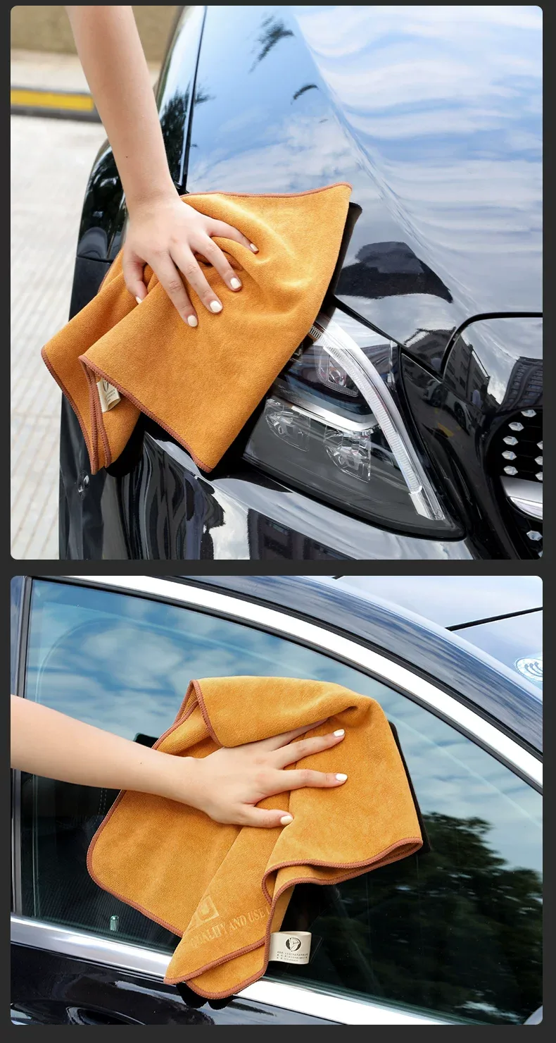 黃色抹車毛巾清潔車身與車窗的情境展示